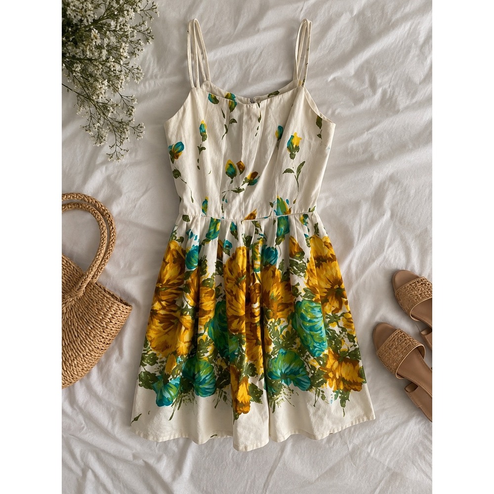 Vintage 1950s Handmade Floral Pique Cotton Sundress Yellow Green XS 50s Flare